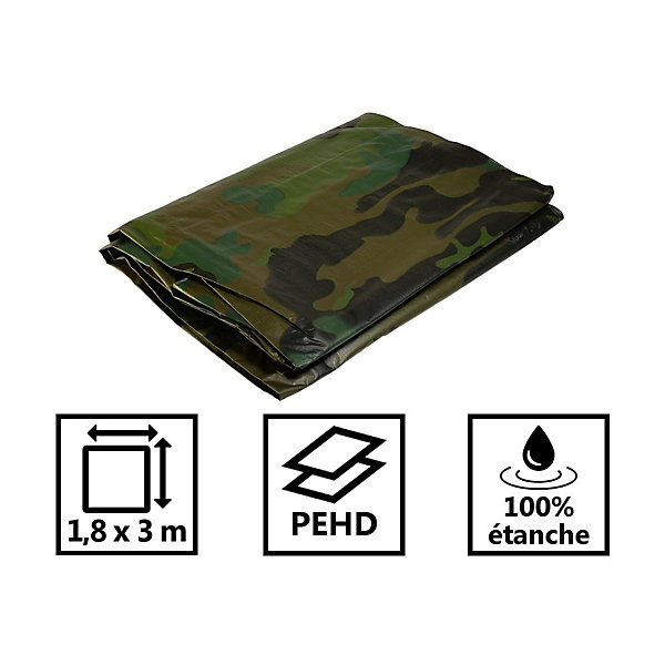Bâche de camouflage militaire 1,8x3 m Verte et Noire Polyéthylène 140g/m² KZ GARDEN