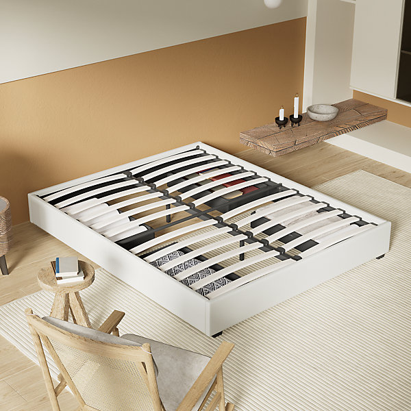 Lit avec tiroirs 140 x 190 cm, Sommier à lattes en bois, Cadre en tissu blanc