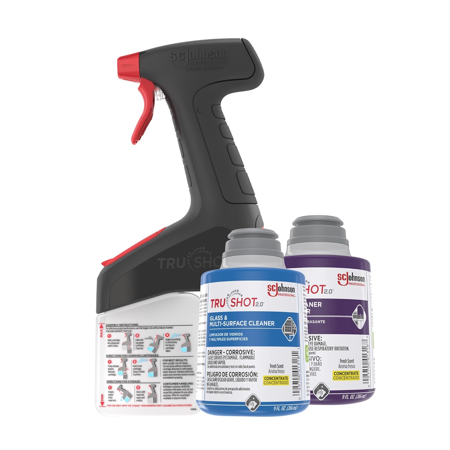 SC Johnson Professional TruShot 2.0 Multi-Surface Glass & Degreaser Mobile Dispensing System Starter Pack, 1 Trigger Dispenser, 2 Cleaning Concentrate Cartridges, for Professional Use