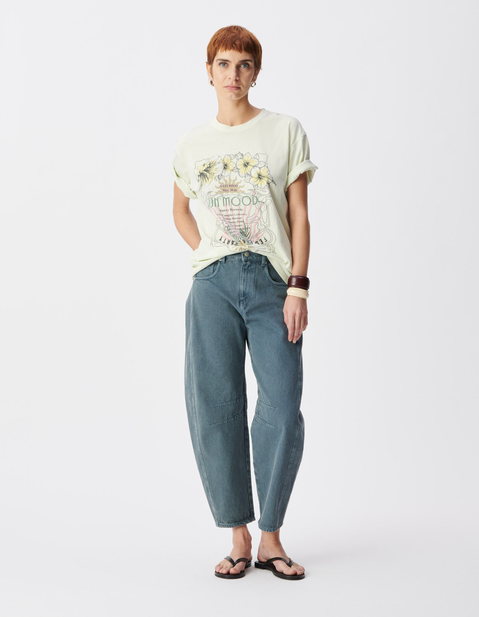 Tee-shirt vert coton bio visuel affiche fleurs Femme