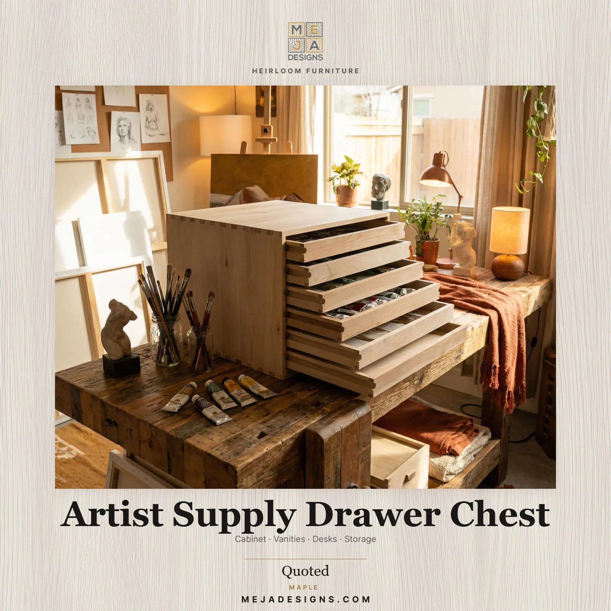 Artist Supply Drawer Chest | Handmade Wood Studio Organizer | Custom Paint Tube & Brush Storage | Flat File Drawer Unit