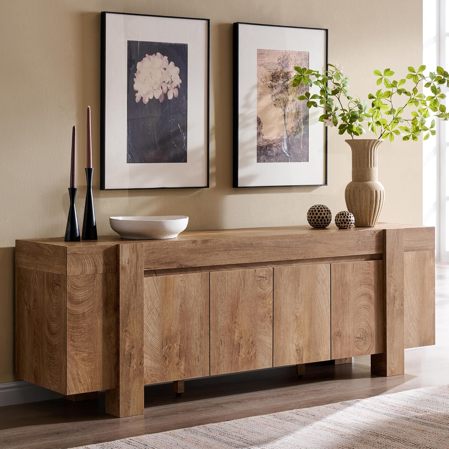 OKD Modern Farmhouse TV Stand, 70 Long Media Console Table with Storage Cabinet, Wooden Entertainment Center for Living Room, Light Knotty