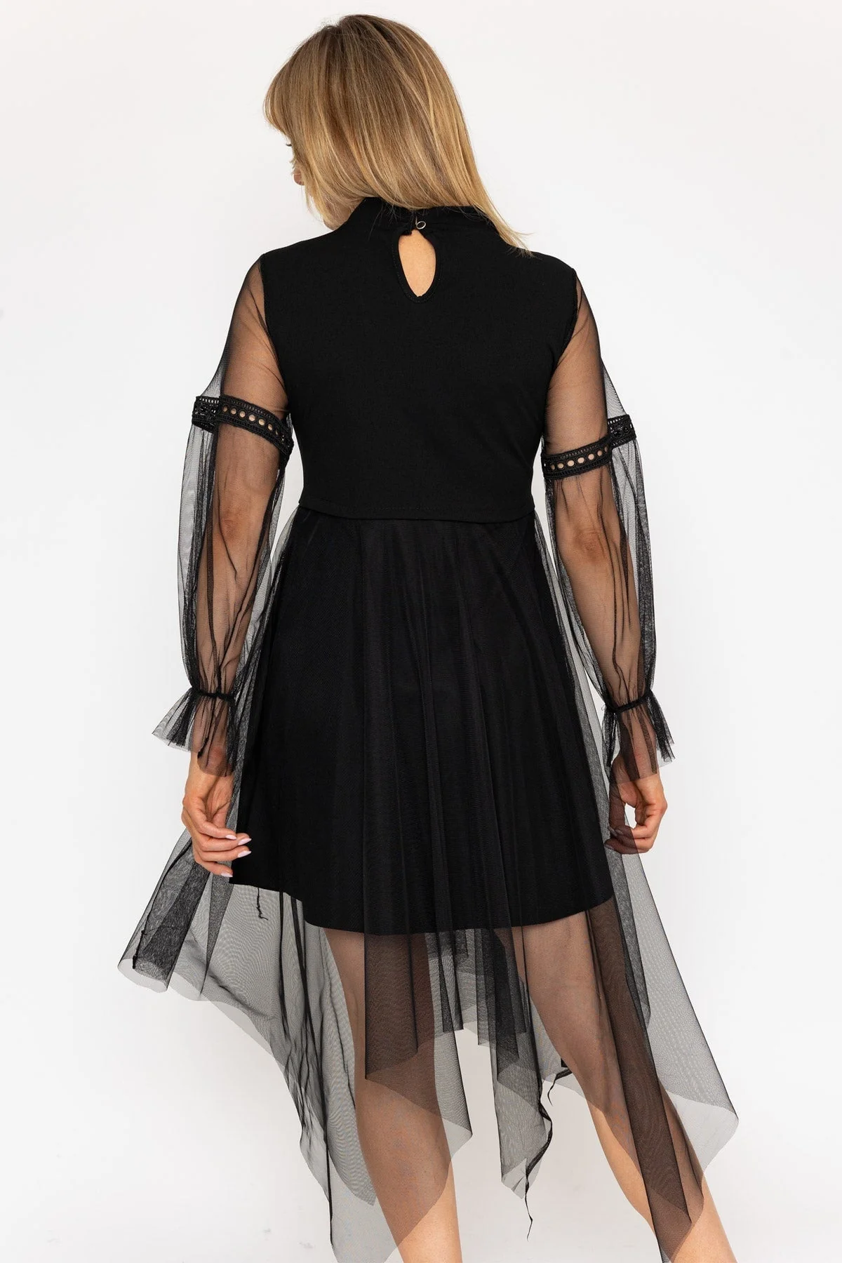 Long Sleeve Mesh Short Dress in Black