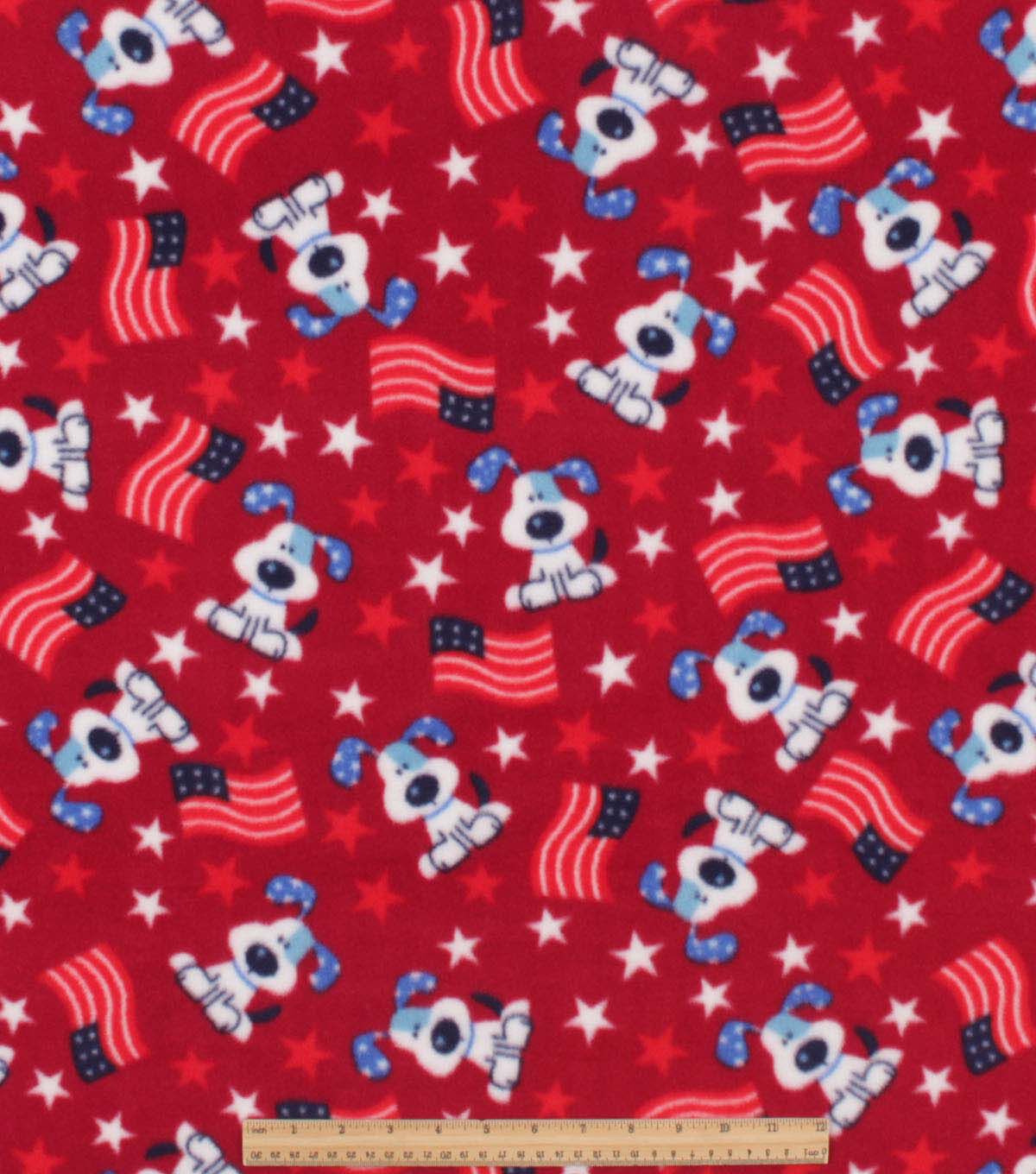 Patriotic Dog on Red Anti Pill Plush Fleece Fabric