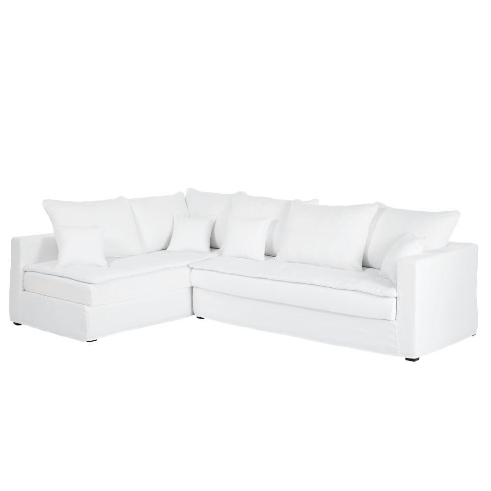 Célestin - Canapé d'angle gauche 5 places en lin blanc