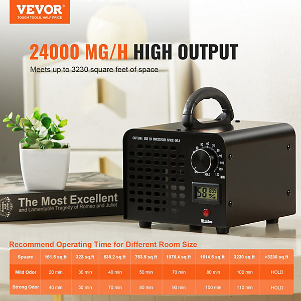 Générateur ozone 24000 mg/h, 100W, minuterie 0-120min, pour éliminer odeurs, chambres/voitures/animaux.