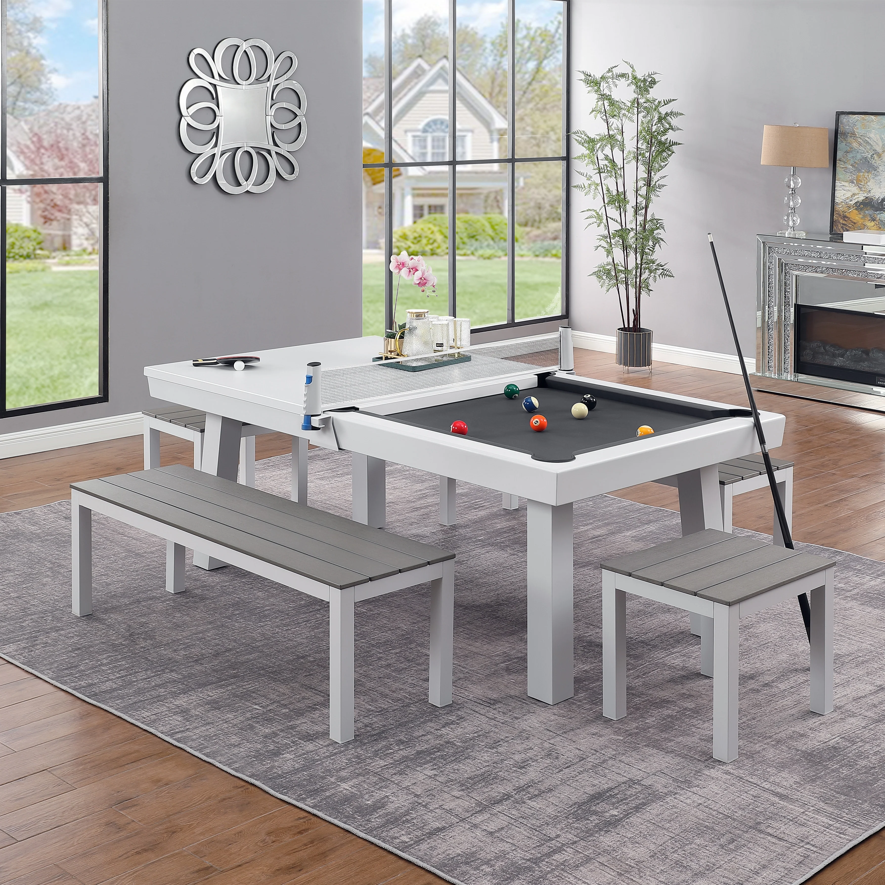 Norwalk Indoor/Outdoor 7ft Slate Pool Table 6-Seater Dining Set with 4 Benches & Accessories, White Finish