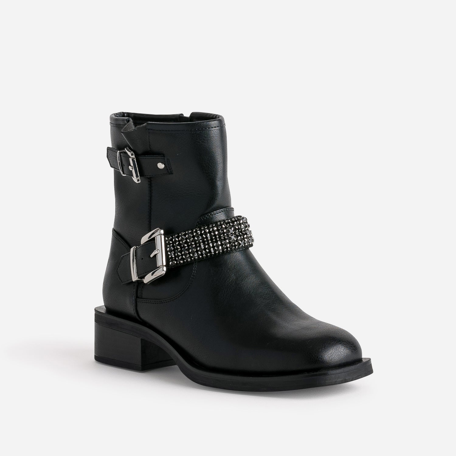 Boots motard TEXTO noir bride décor strass