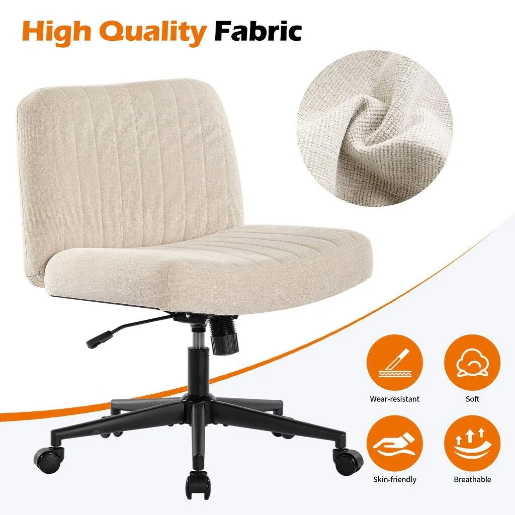Office Chair with Wheels, Armless Office Chair, Linen Wide Seat Home Office Chair, Cute Computer Chair with 15 ° Swing Backrest
