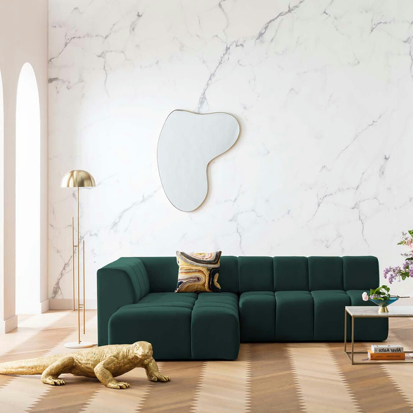 BELAMI - Canapé d'angle gauche 4 places en tissu vert foncé