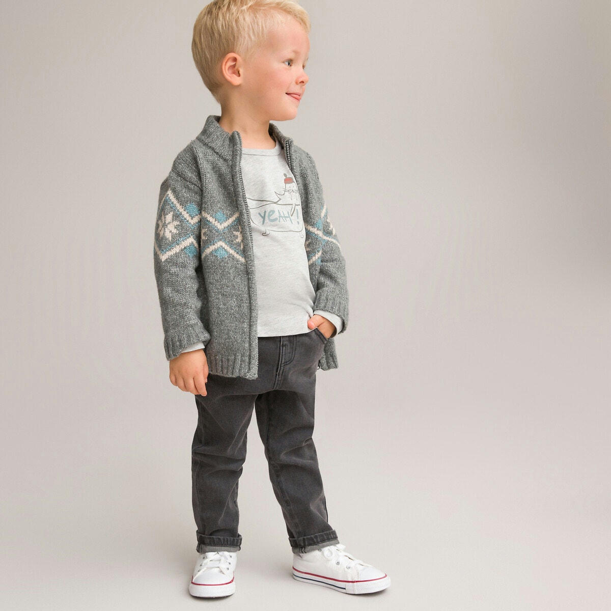 Gilet zippé col montant, motif jacquard