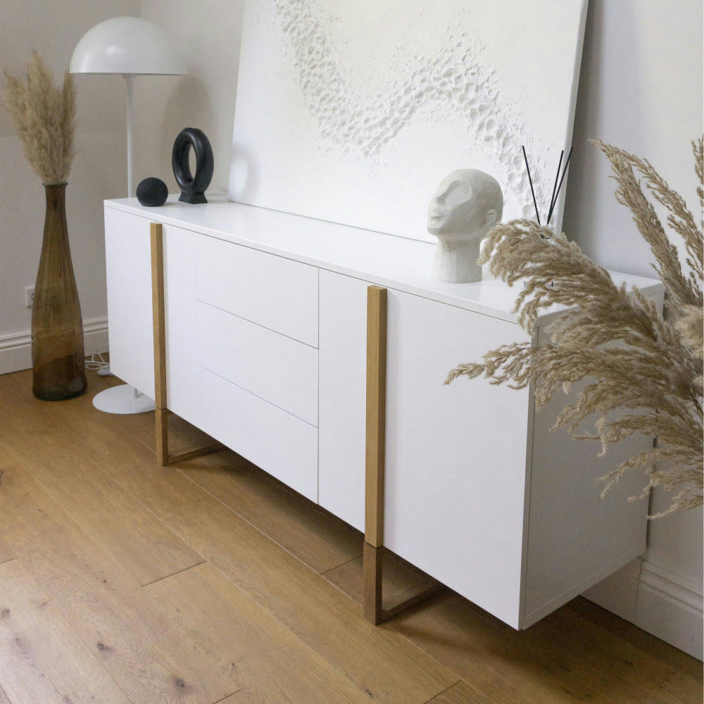 BIRKA - Buffet en bois 2 portes 3 tiroirs blanc