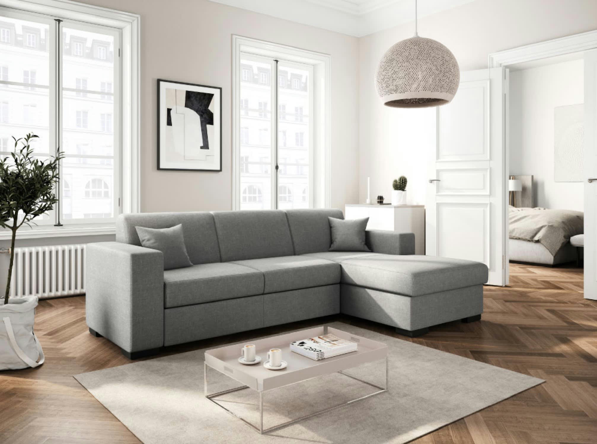 FUJI - Canapé d'angle droit convertible en tissu gris clair