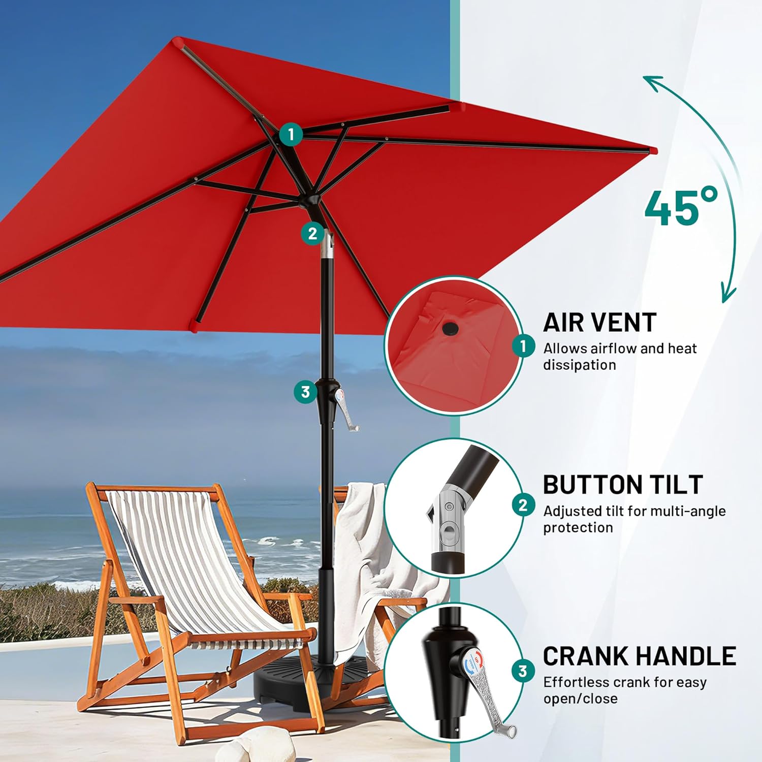 AreShark 6.5' x 10' Rectangular Patio Umbrellas for Outdoor, Outdoor Table Umbrella, Large Outdoor Patio Umbrellas with 6 Sturdy Ribs for Pool, Garden, Deck & Market (Red)