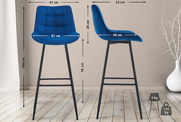 Lot de 2 tabourets de bar Dartford, Chaise de bar rembourrée, Structure métallique Bleu/Velours