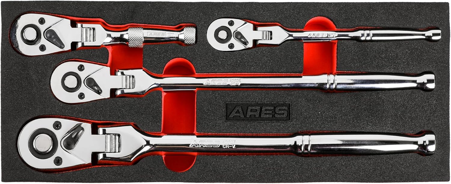 ARES 42040 - Flex Head Ratchet Set - 4-Piece 72-Tooth Ratchets - Premium Chrome Vanadium Steel Construction & Chrome Plated Finish - Quick Release Reversible Design with 5 Degree Swing