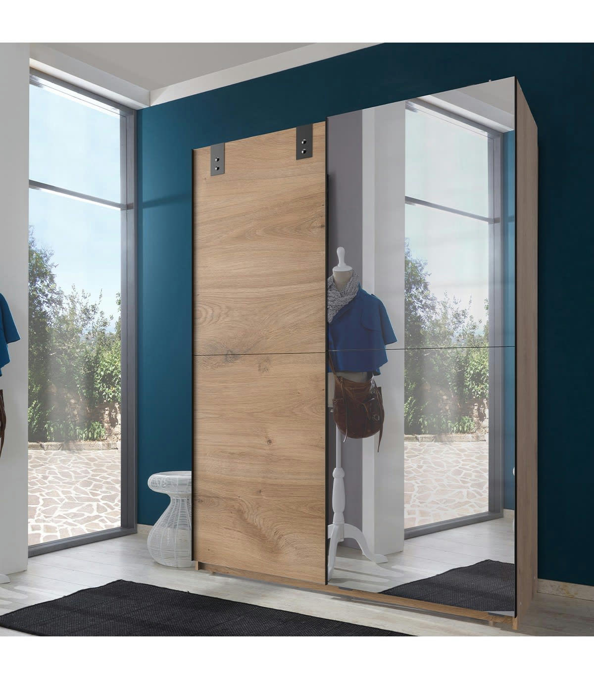 - Armoire 2 portes coulissantes 1 porte miroir + 1 porte chêne - L135 cm