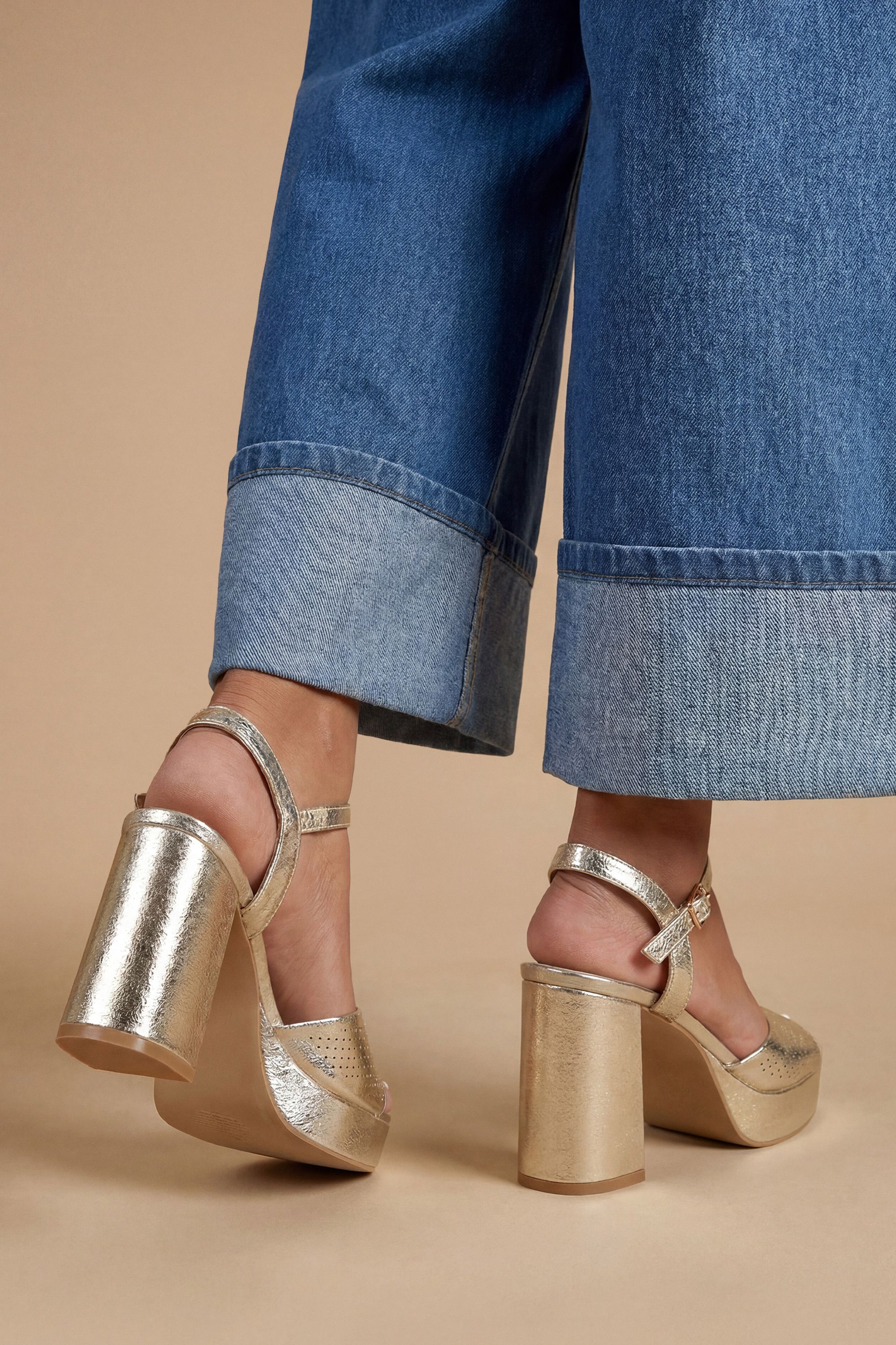 Oasis Carolynne Faux Metallic Leather Block Heel Open Toe Platform Sandals