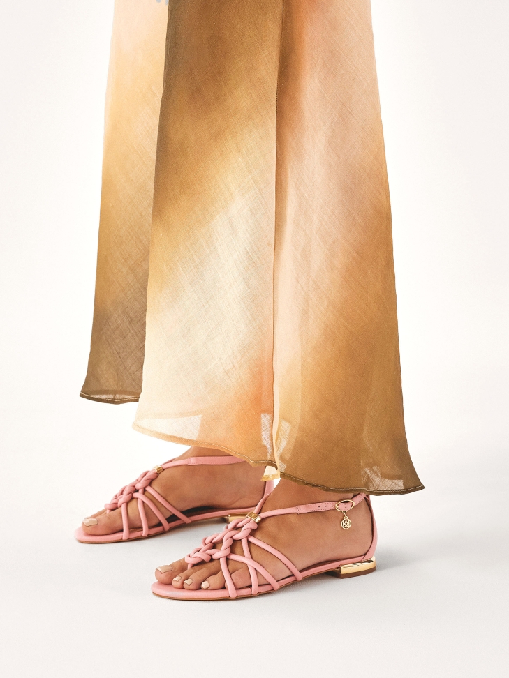 Pink sandals with flat gold heel