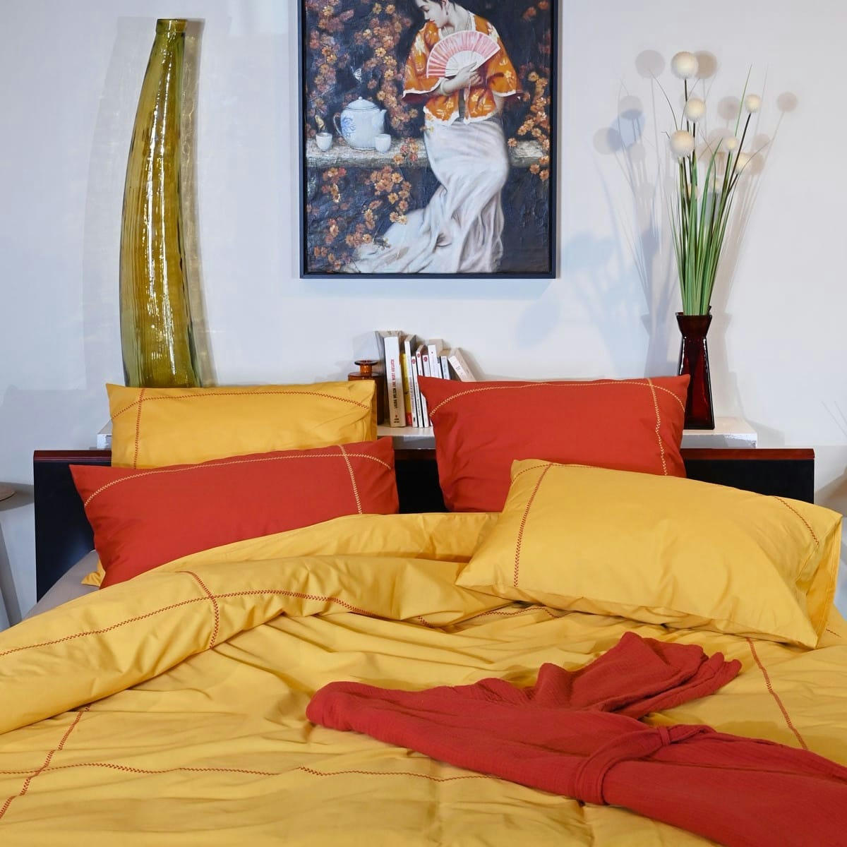 CHEVRON - Housse de couette brodée en percale Jaune 200x200 cm