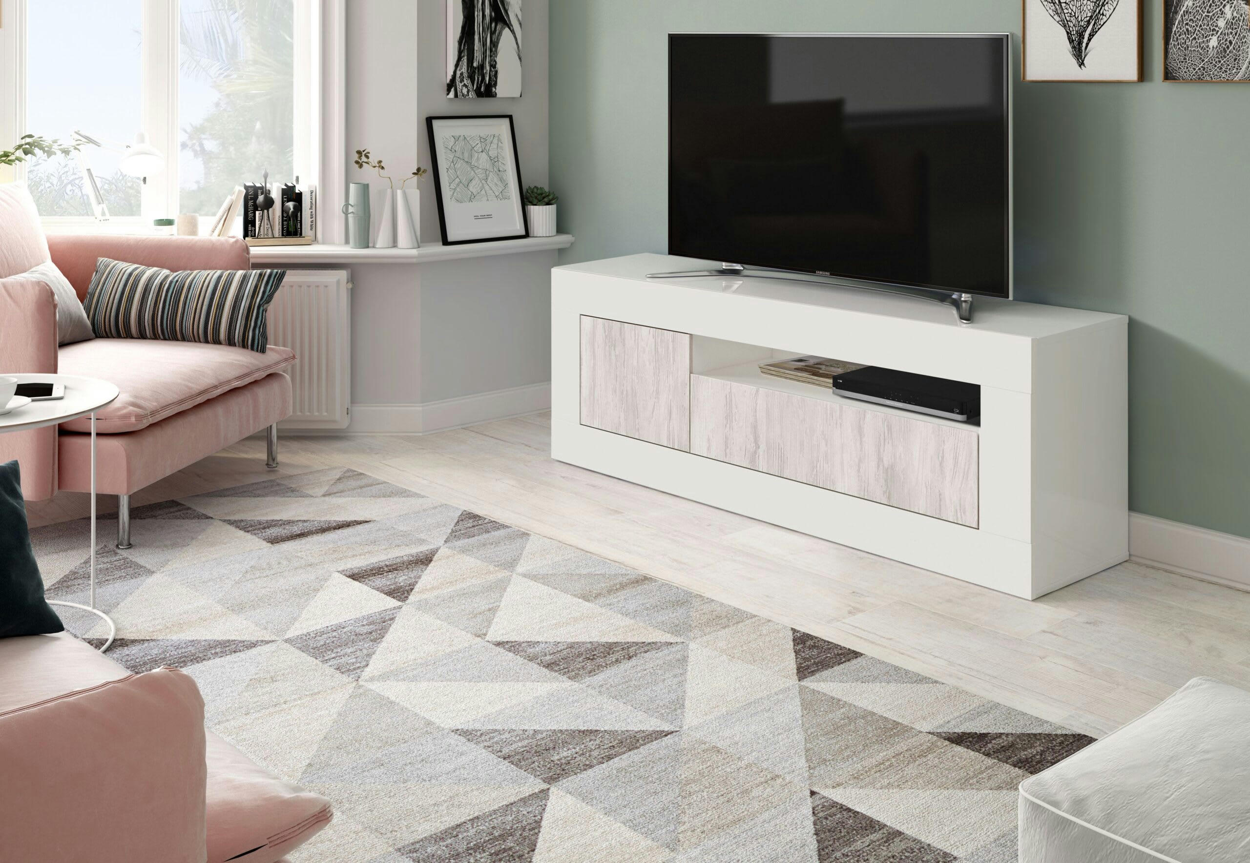 GWEN - Meuble TV design blanc/bois avec 2 portes L139cm