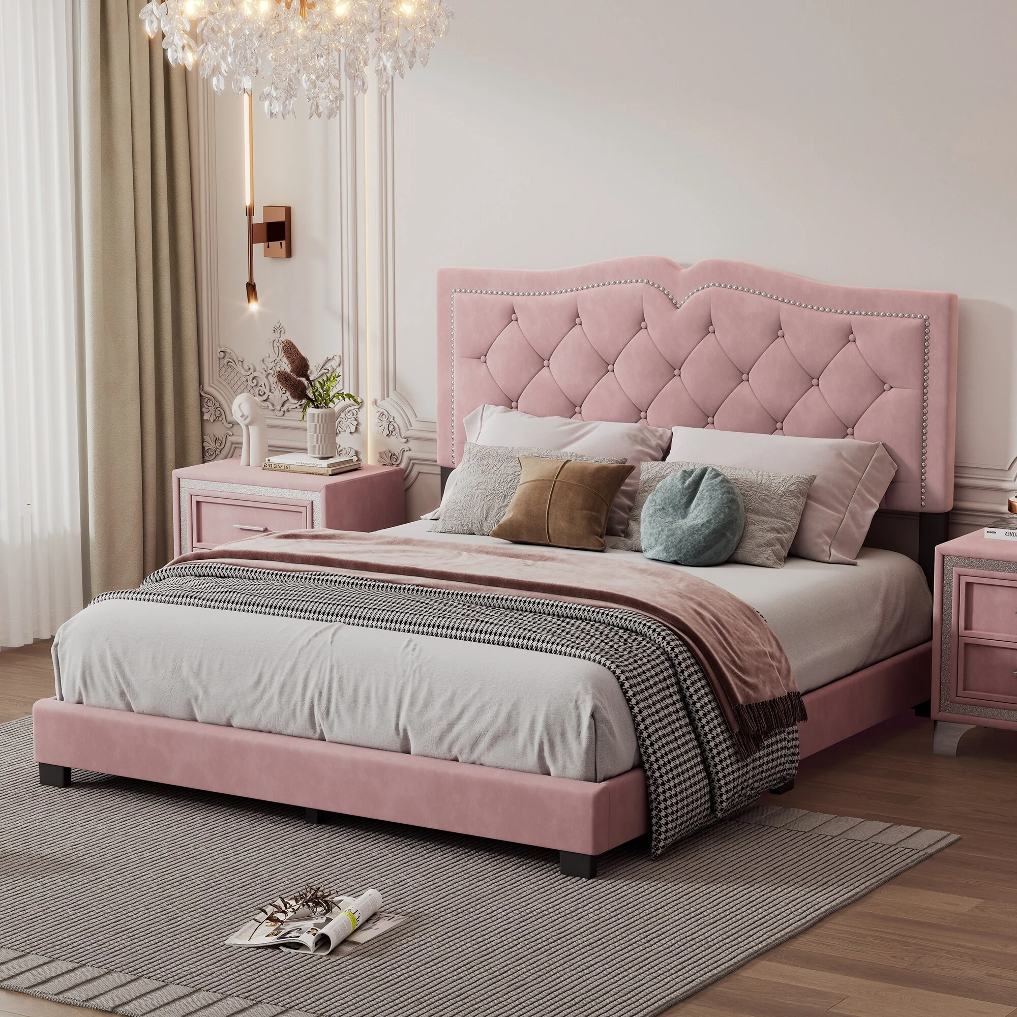 Modern Queen Upholstered Bed Frame with Velvet Tufted Headboard and Rivet Accents
