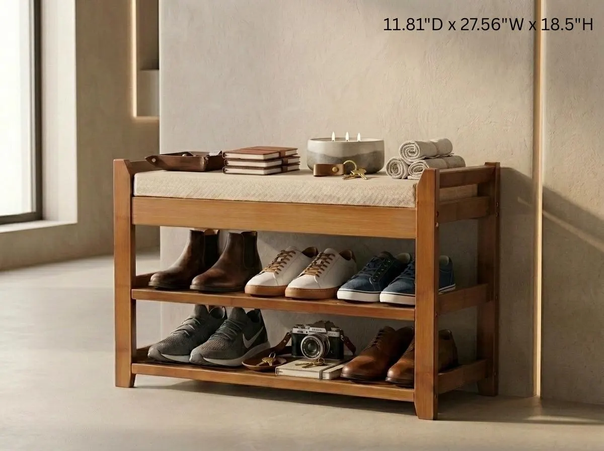 Entryway Shoe Rack Bench with Cushion, Bamboo Shoe Storage Rack, Wooden Shoe Rack for Home Decor