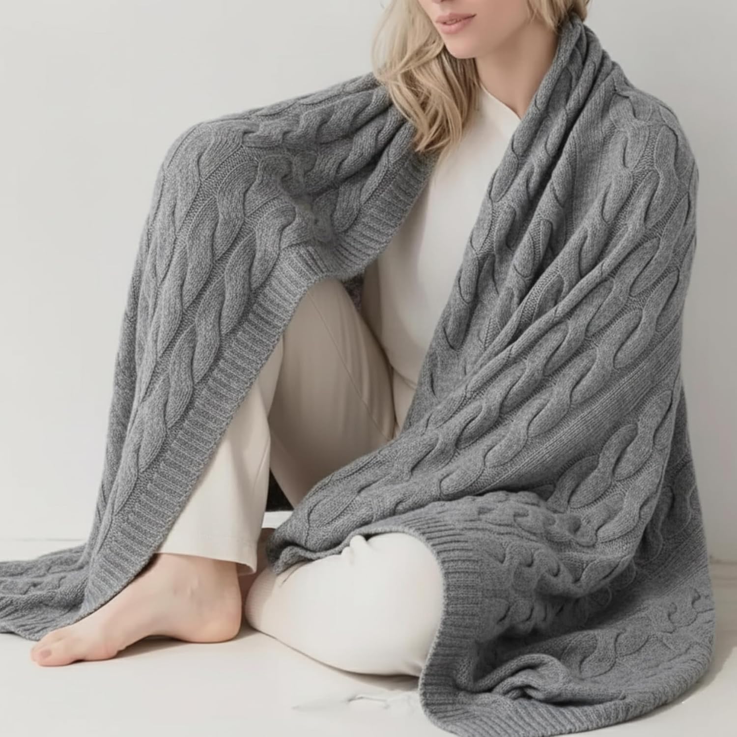 100% Pure Cashmere Throw Blanket for Couch – Cable Knit Cashmere Blanket 50x60 – Soft Warm Breathable Throws for Sofa, Bed – Grade A Long Staple – Machine Washable (Charcoal)