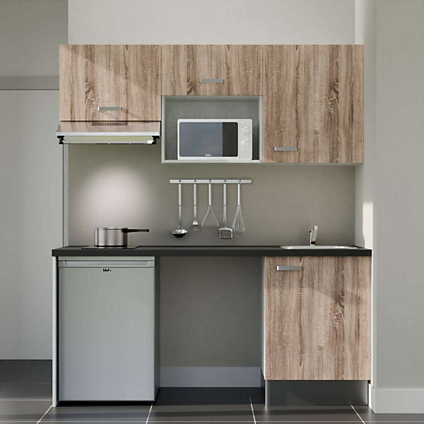 Kitchenette K55 façades Bois - Plan de travail Noir texturé - Crédences : Non - Evier inox - Electroménager Inox inclus