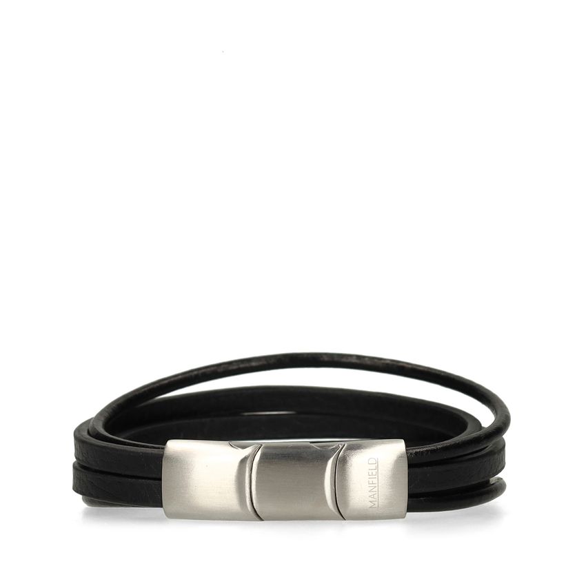 Manfield Zwarte leren heren armband