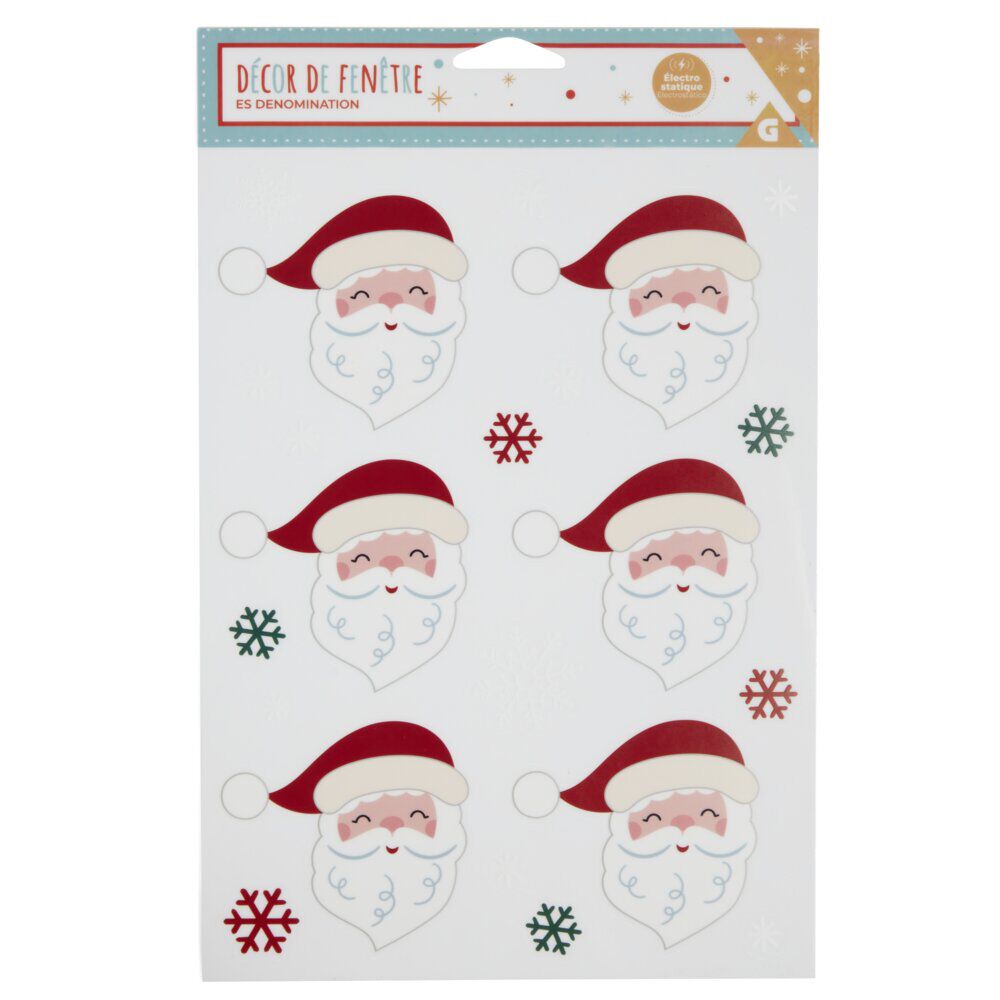 Décor fenêtre électrostatique tête de Père-No&euml;l rouge et blanc