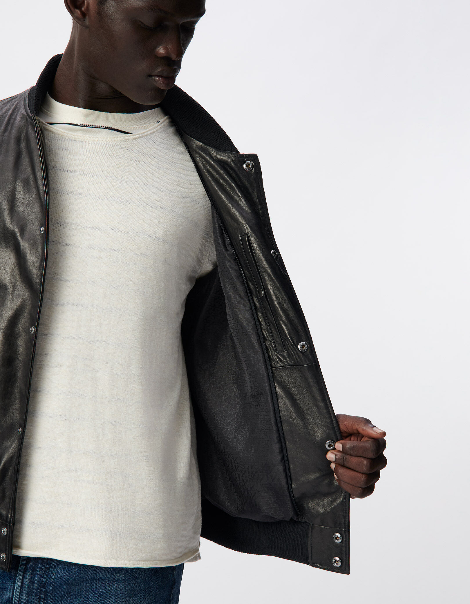 Bomber noir en cuir à parmenture amovible Homme