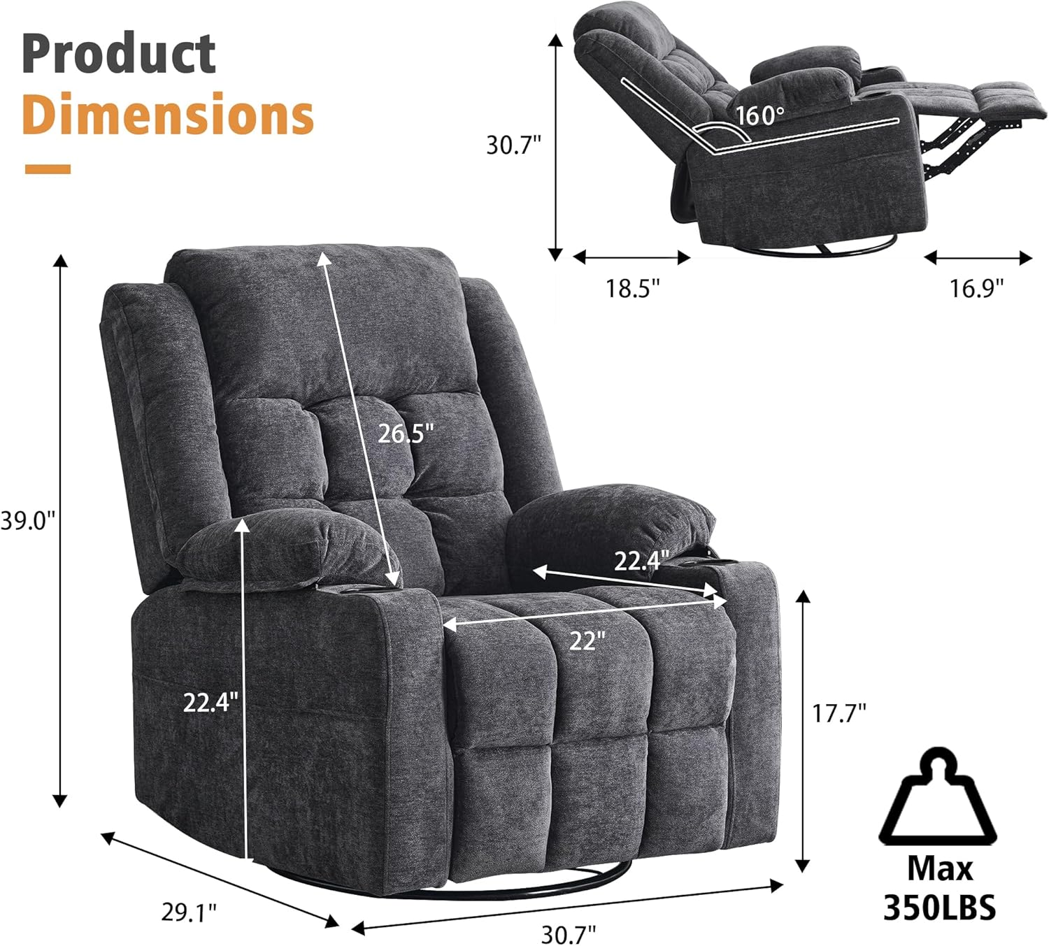 Power Swivel Rocker Recliner Chair for Adults with Massage and Heat, USB and Type-C Ports, Infinite Position, Electric Glider Reclining Single Sofa Chair for Living Room (Dark Grey Fabric)