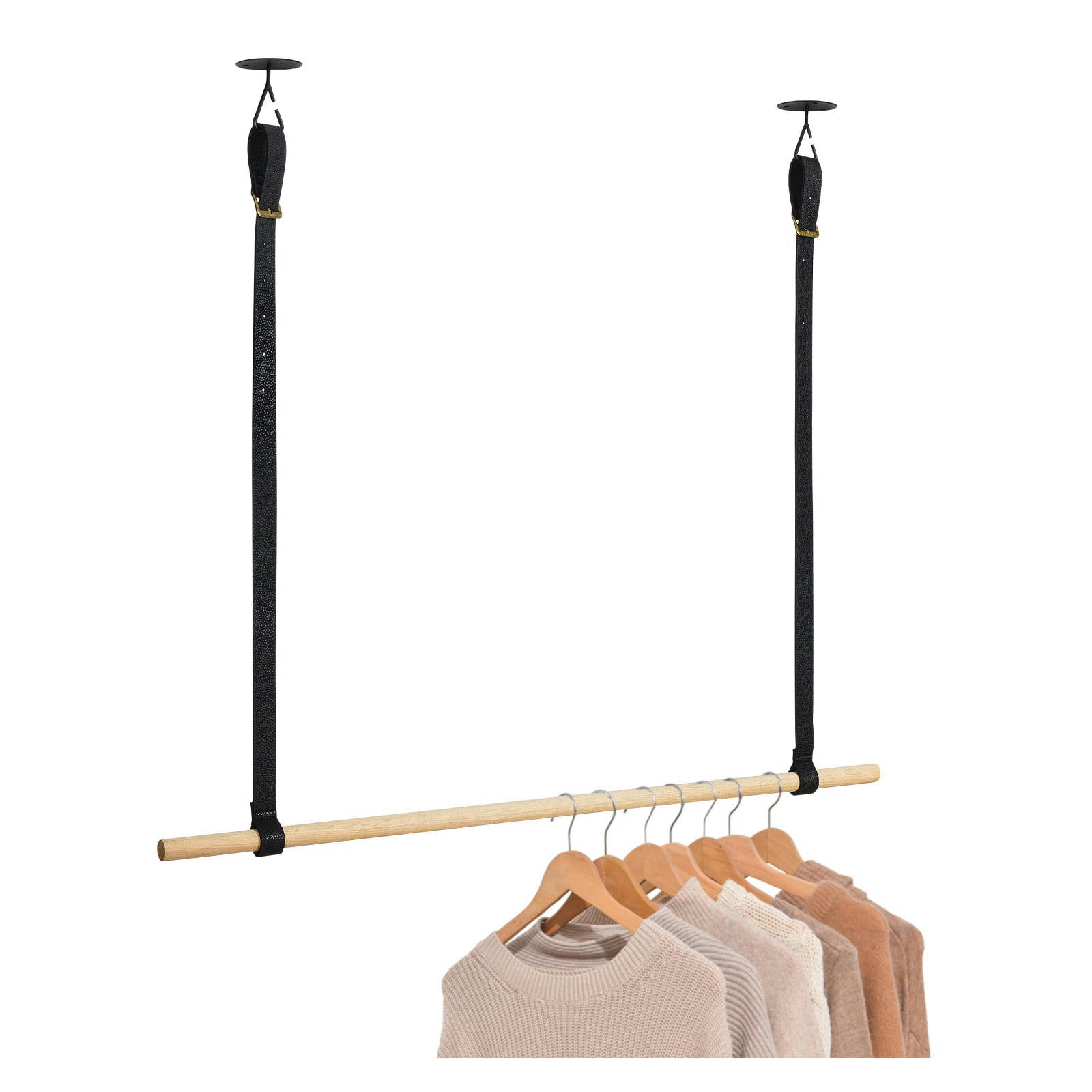 VIKY - Penderie suspendue bois L100cm noir avec lanières cuir