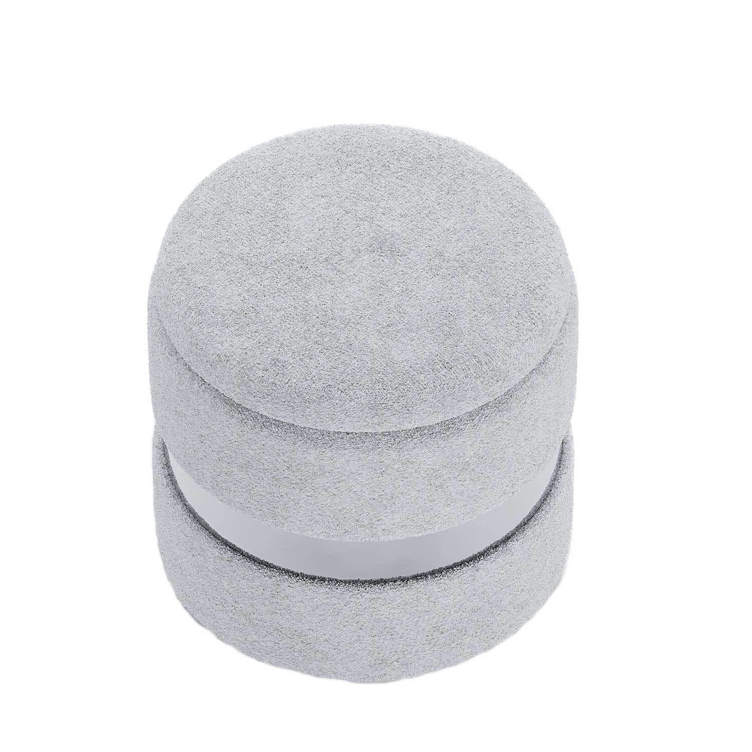 CAPUCINE - Pouf rond bouclette gris-crème & métal argenté avec rangement