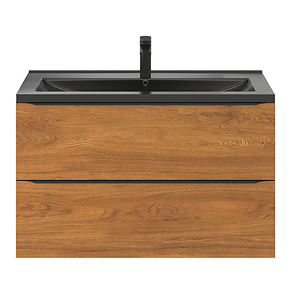 Meuble vasque suspendu effet noyer l.100 cm Imandra   plan vasque noir céramique Nira, GoodHome