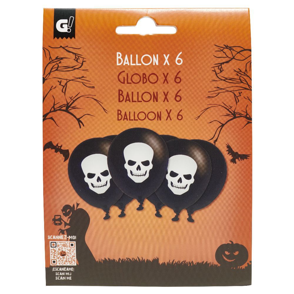 Ballon gonflable latex noir imprimé tête de mort blanc x6