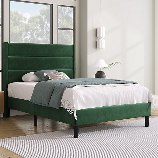 Lit simple 90x200 cm - Lit adulte capitonné avec tête de lit - Lin - Sans Matelas - Vert Foncé