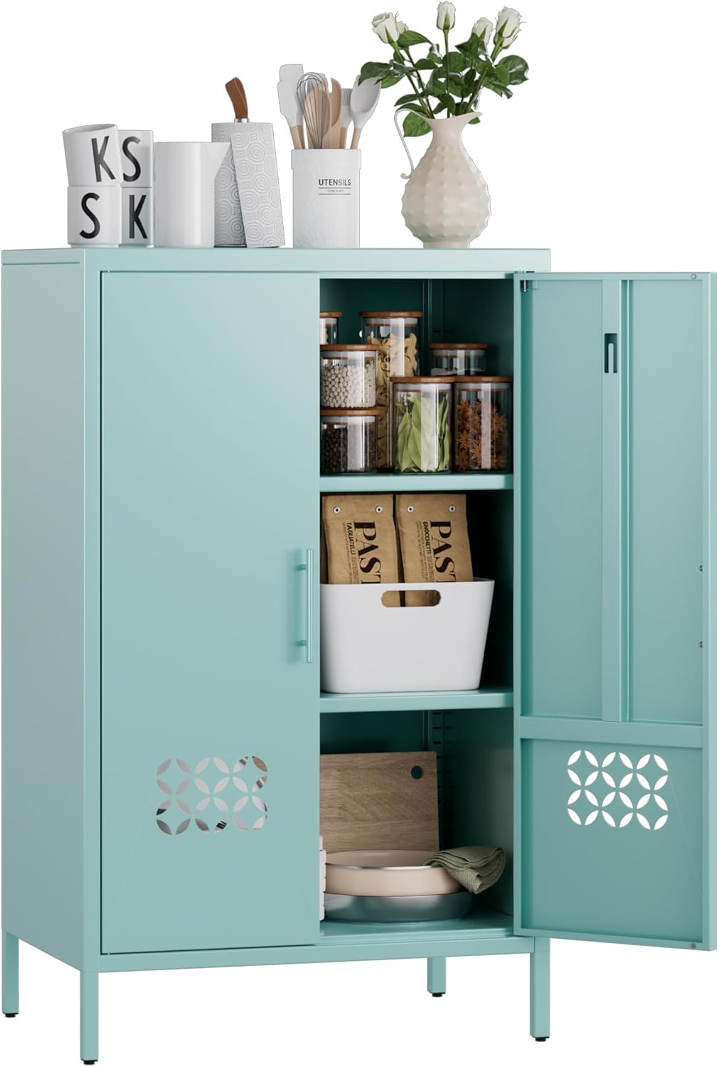 Metal Storage Cabinet with Adjustable Shelves,Metal Buffet Sideboard with 2 Doors for Kitchen,Home,Office, 42 H x 26 W x 14 D,Assembly Required,Blue