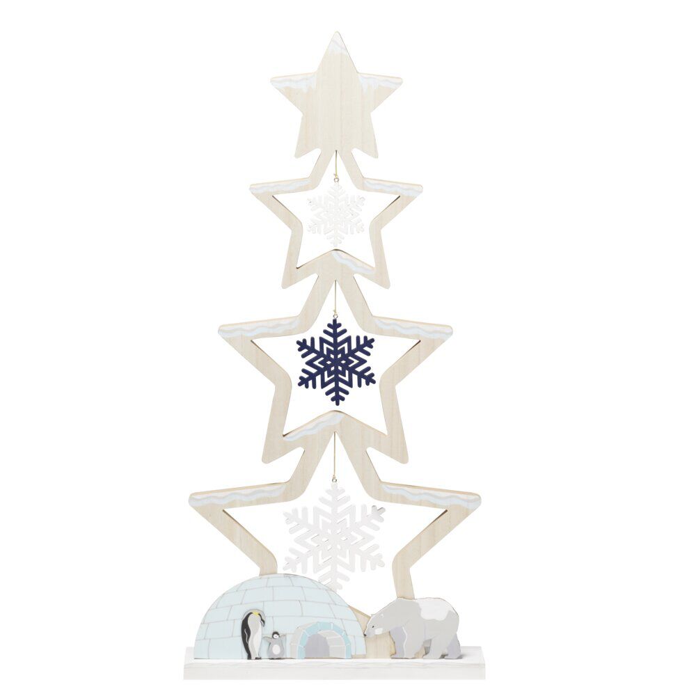 Sapin bois à poser décor flocons banquise bleu et blanc H75cm