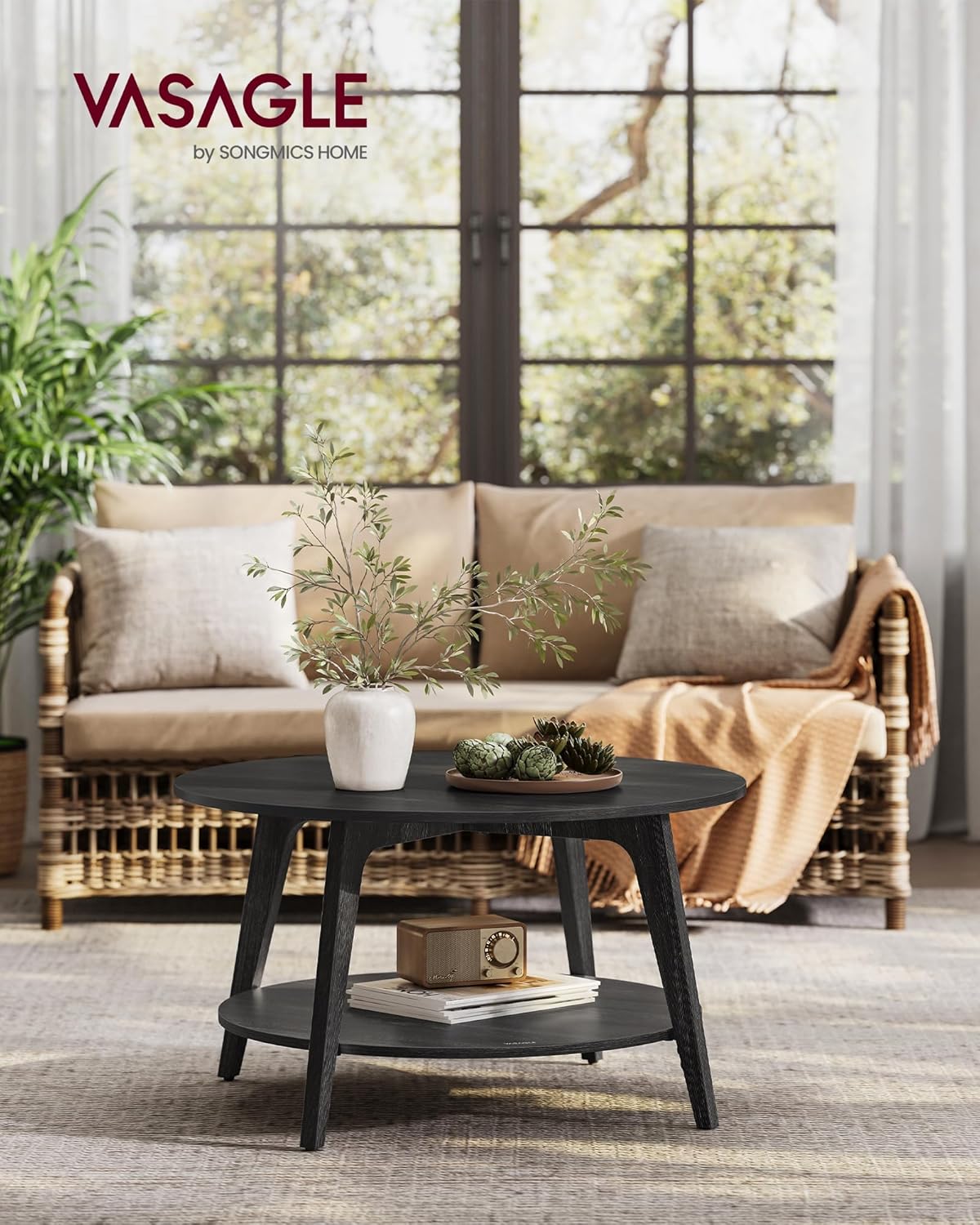 VASAGLE MAEZO Collection - Round Coffee Table, 2-Tier Center Table with Storage, Tapered Legs, Curved Transitions, 31.5 Dia. x 17.7 H Inches, Easy Assembly, for Living Room, Charcoal Gray ULCT243B22