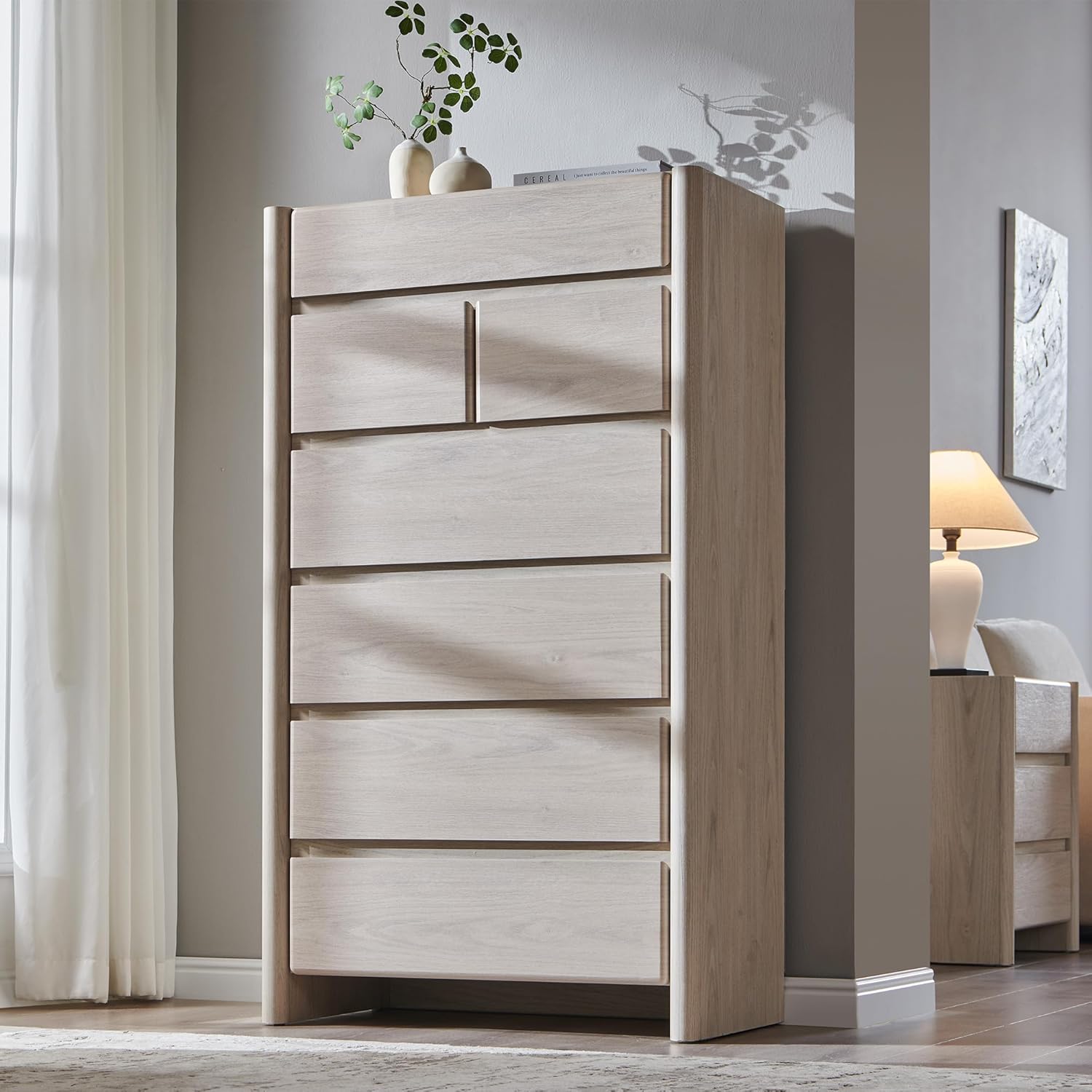 Modern 7 Drawers Dresser for Bedroom, 54.7 Tall Large Dresser & Chests of Drawers w/Rounded Corner, Wood Handleless Organizer Dresser w/Natural Texture for Bedroom, Living Room-Cream