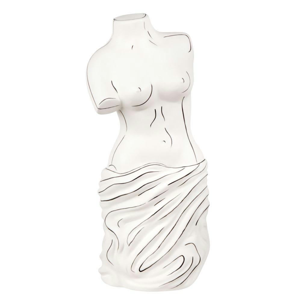 APOLLINE - Statuette buste femme avec drapé et traits fins noirs en grès blanc H35
