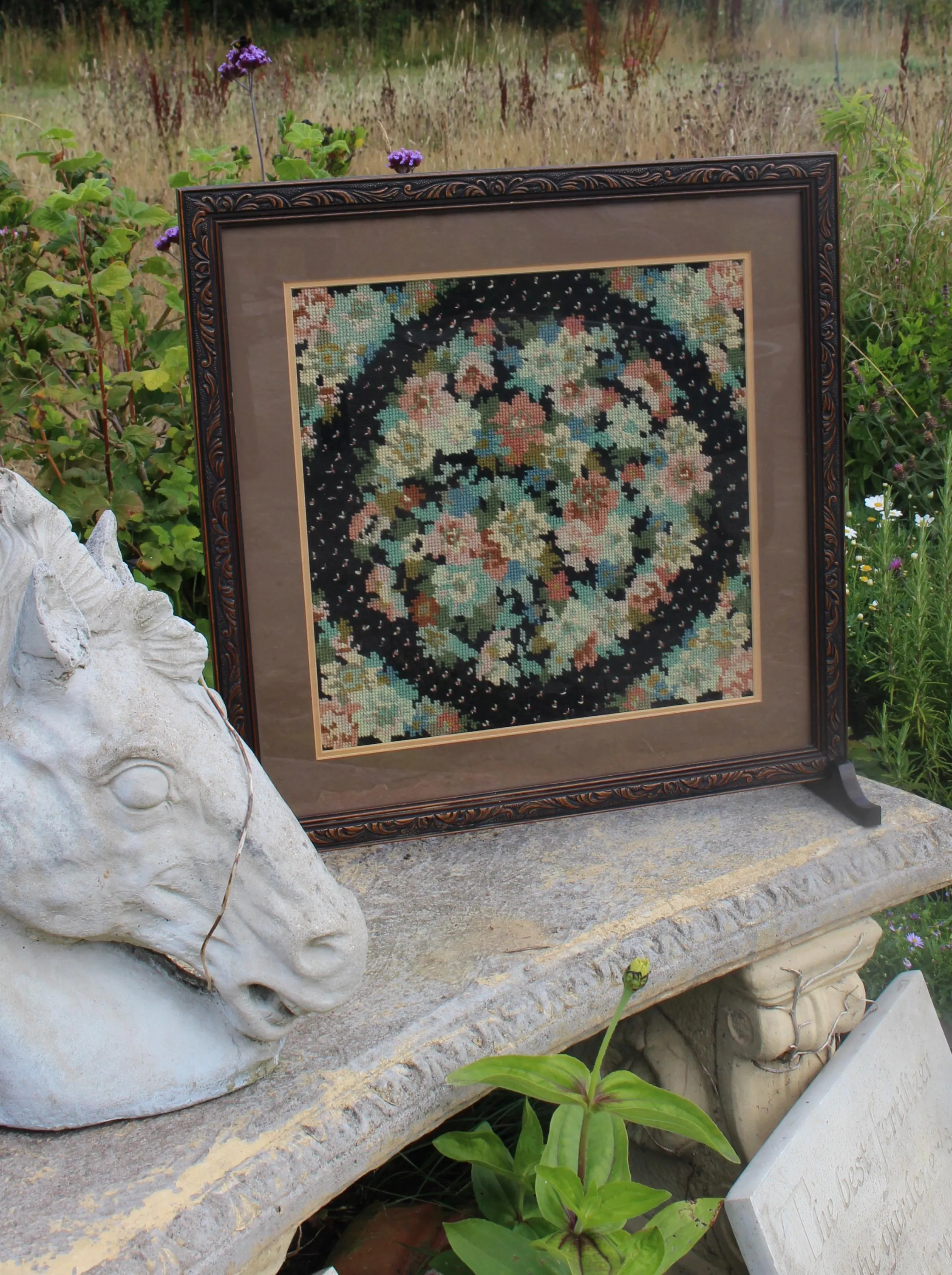 Vintage Fire Screen with Floral Tapestry Panel & Dark Wooden Frame