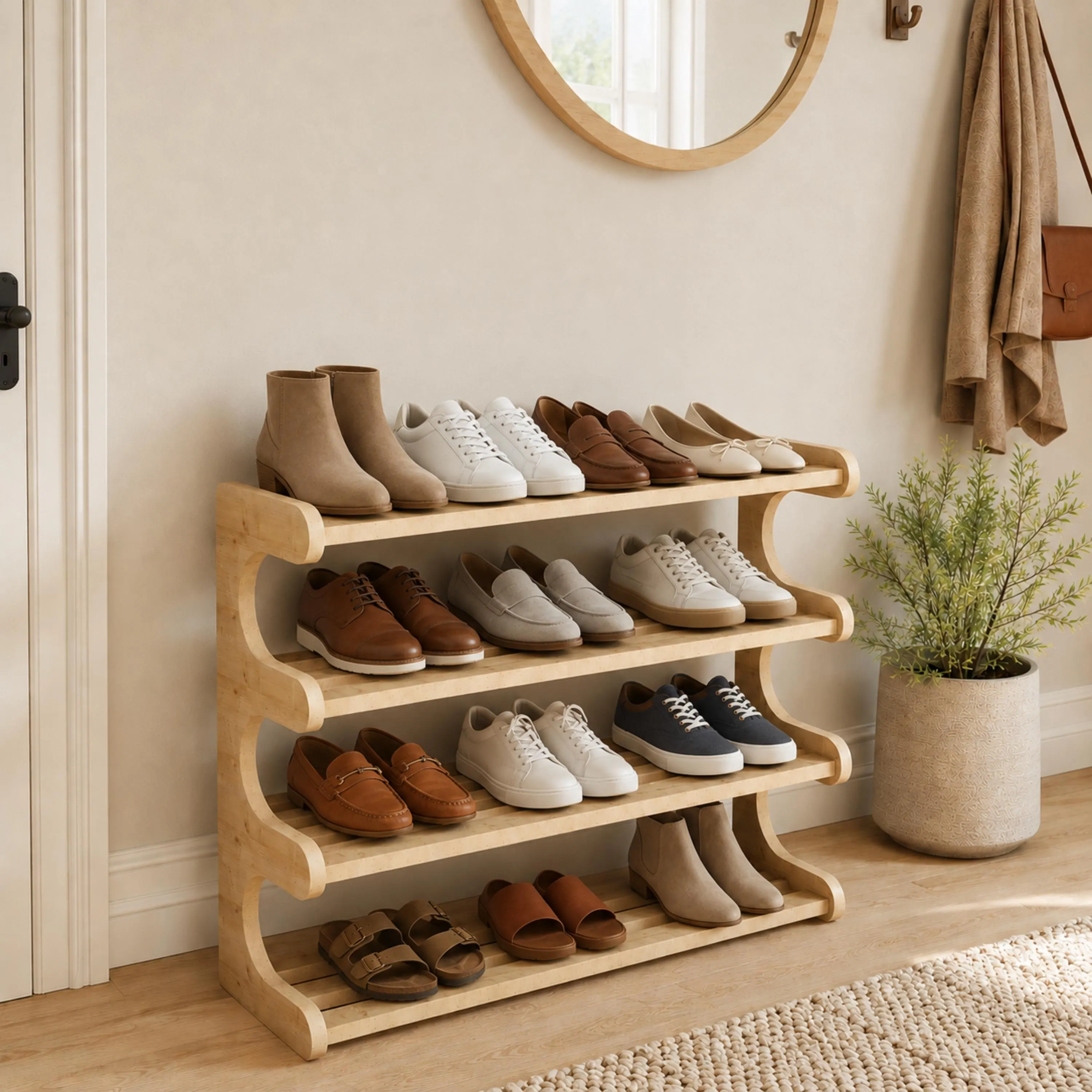 4 Tier Wooden Shoe Rack, Slim Entryway Shoe Organizer, Narrow Shoe Storage Shelf, Bathroom Pantry Rack