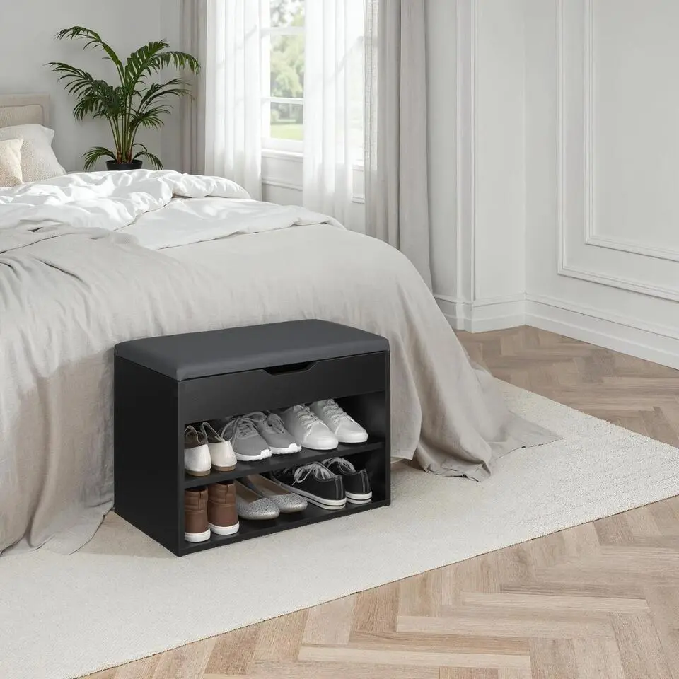 tectake Schoenenkast Jasmina met zitkussen 60x30x43,5cm, Zwart