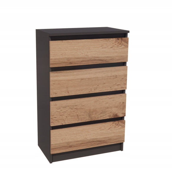 Komoda 4 Szuflady, Szafka Rtv 60 Cm, Nowoczesna Salon, Antracyt I Dąb Wotan