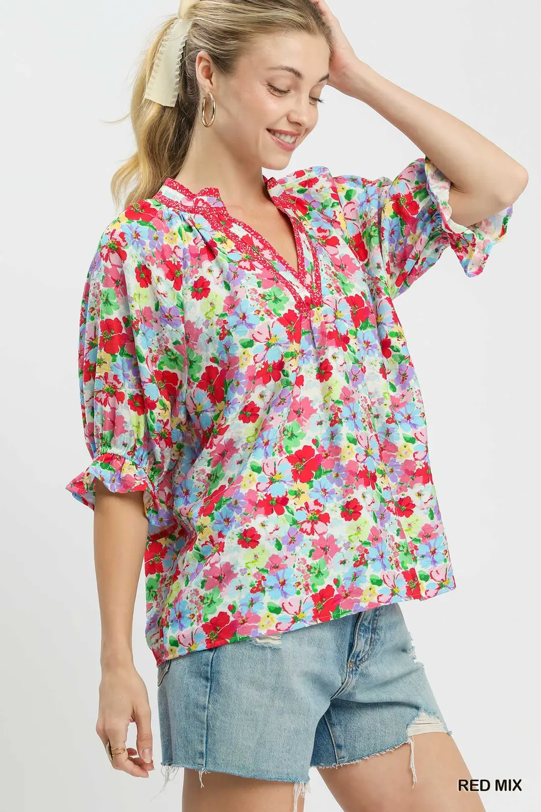 Mix Floral Print Ruffle Top
