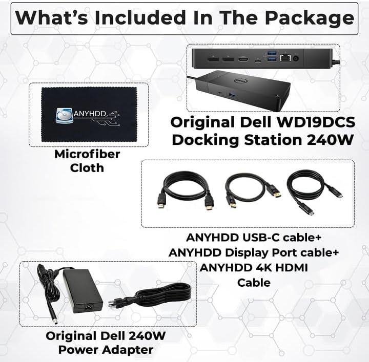 WD19DCS Dell Docking Station Dual Monitor - 4K Display  1 Year Warranty  USB-C Performance Dock with 240W Adapter  Anyhdd HDMI  DisplayPort  USB-C Cables & Cloth (New)