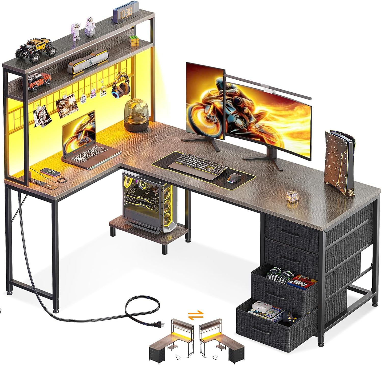 AODK L Shaped Desk Gaming Desk with LED Light & Power Outlet, 59 Inch Reversible L Shaped Computer Table with 4 Drawers for Home Office, Grey